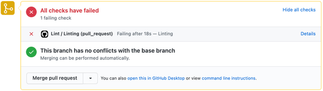 GitHub Action in fail state on pull request.