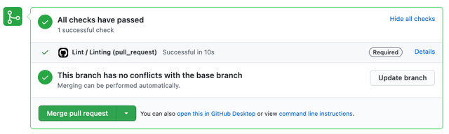 GitHub Action in success state on pull request.