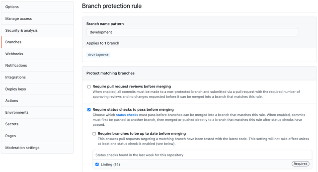 GitHub protected branches setup.